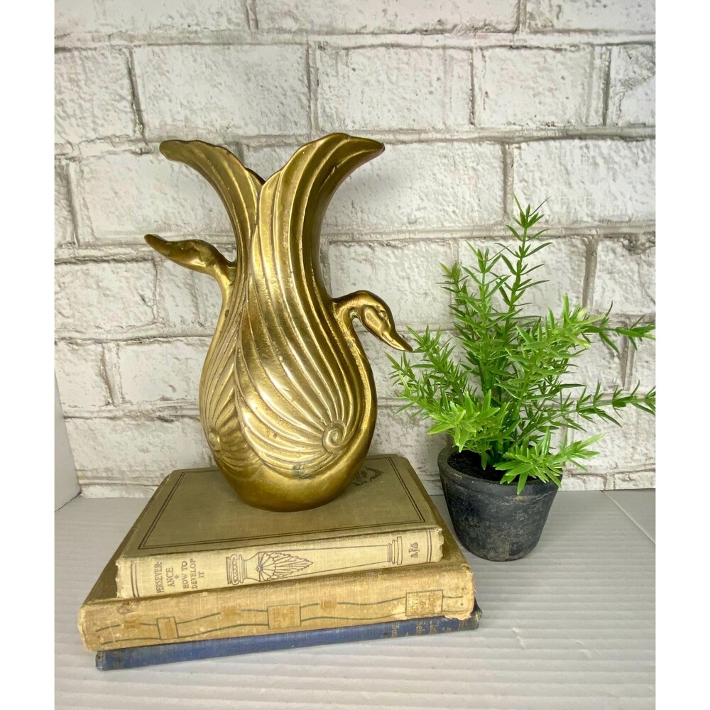 Midcentury Brass Double Swan Vase Planter Art Deco Hollywood Regency...7.5" tall